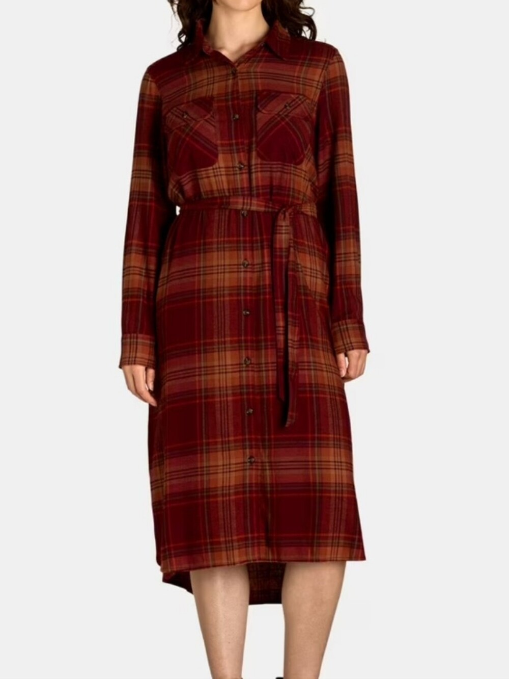 Time and Tru Plaid Button-Front Midi Shirt Dress in Burgundy XL